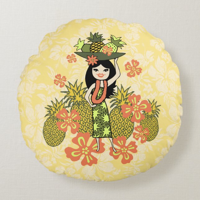 Ananas Luau Hawaiian Hula Girl Reversible Rundes Kissen (Vorderseite)