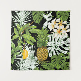 Ananas Mango: Schwarze Vintage Illustration. Wandteppich