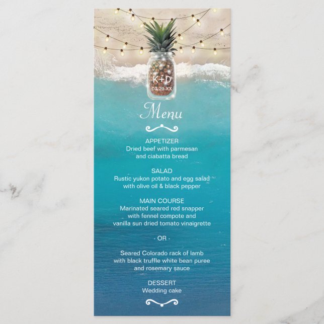 Ananas Mason Jar Tropical Beach Wedding Menü Menükarte (Vorderseite)