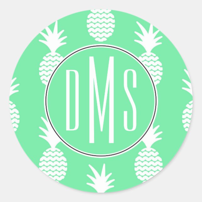 Ananas-Minzmuster | Monogramm Runder Aufkleber (Vorderseite)