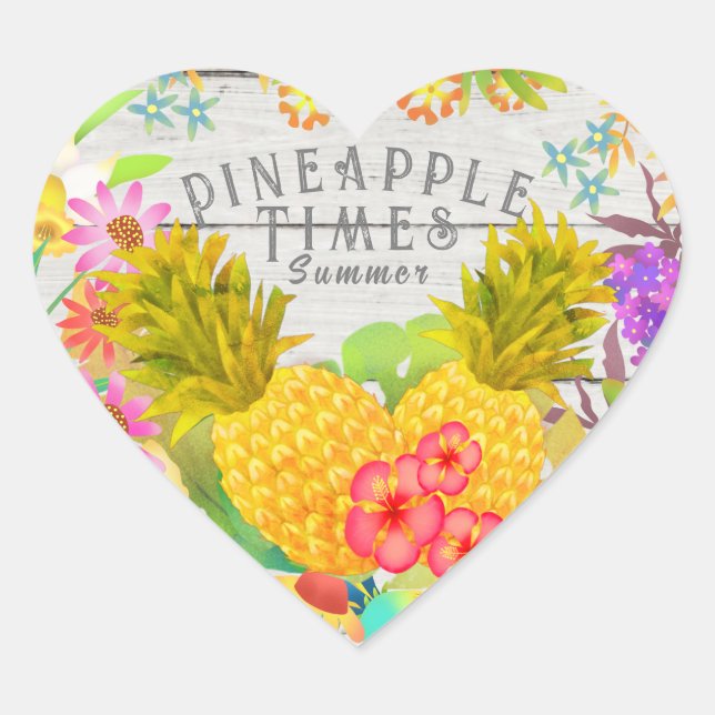 Ananas mit Blumen Herz-Aufkleber (Vorderseite)