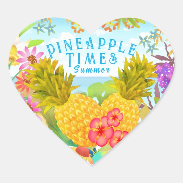 Ananas mit Blumen Herz-Aufkleber (Vorderseite)