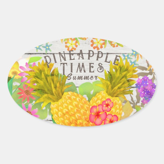 Ananas mit Blumen Ovaler Aufkleber (Vorderseite)