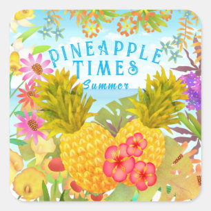 Ananas mit Blumen Quadratischer Aufkleber