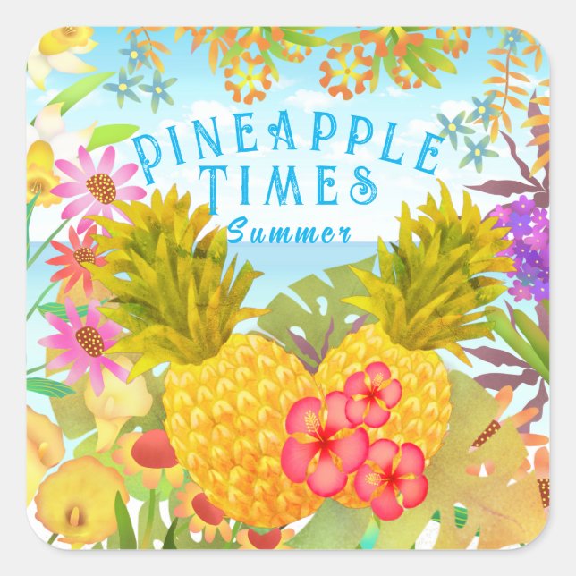 Ananas mit Blumen Quadratischer Aufkleber (Vorderseite)