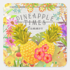 Ananas mit Blumen Quadratischer Aufkleber