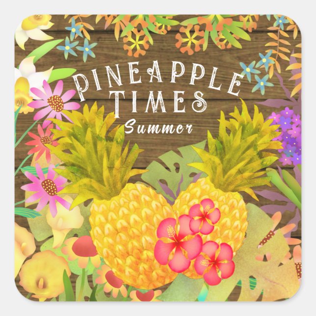 Ananas mit Blumen Quadratischer Aufkleber (Vorderseite)