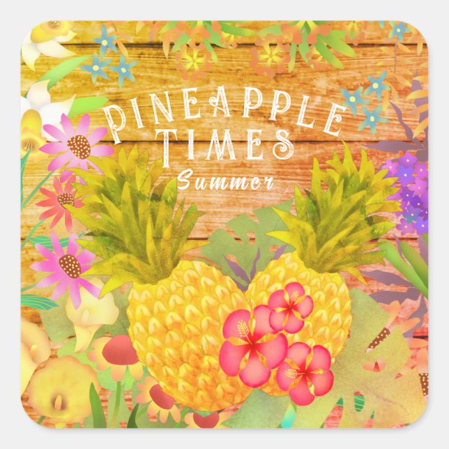 Ananas mit Blumen Quadratischer Aufkleber (Vorderseite)