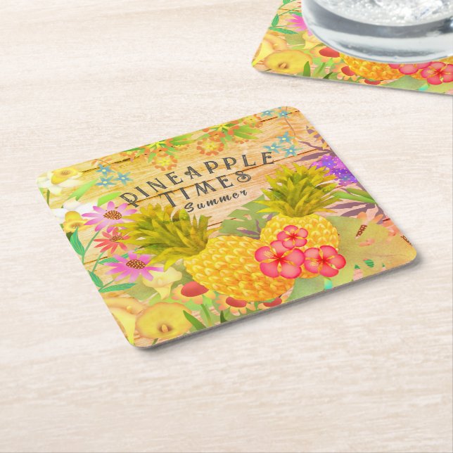 Ananas mit Blumen Rechteckiger Pappuntersetzer (angewinkelt)
