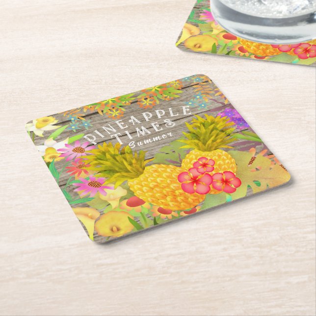 Ananas mit Blumen Rechteckiger Pappuntersetzer (angewinkelt)