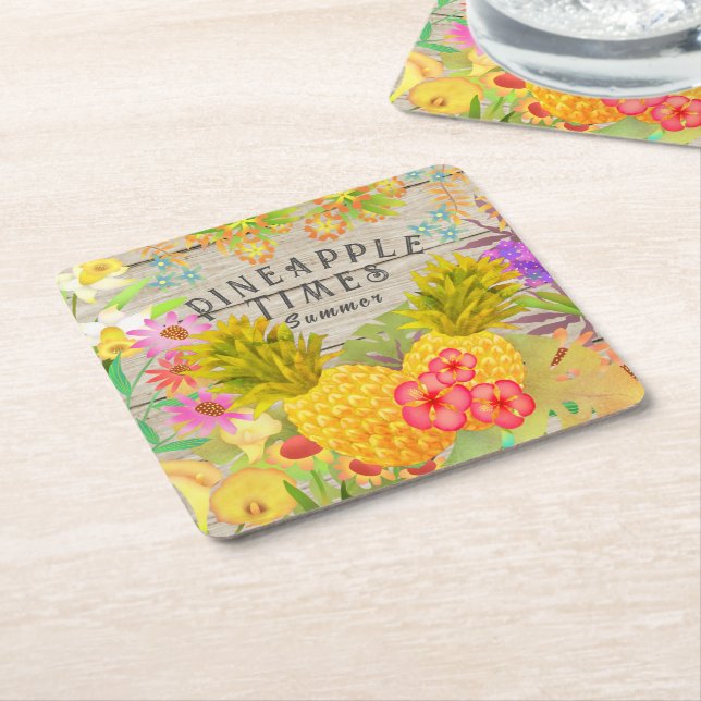 Ananas mit Blumen Rechteckiger Pappuntersetzer (angewinkelt)