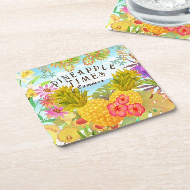 Ananas mit Blumen Rechteckiger Pappuntersetzer (angewinkelt)