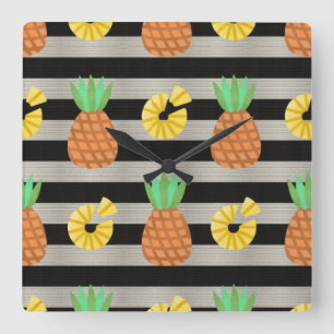 Ananas Modern Schwarz-Weiß-Streifen Quadratische Wanduhr