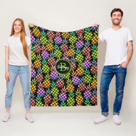 Ananas Moderner Mehrfarben-Monogramm-Name Schwarz Fleecedecke
