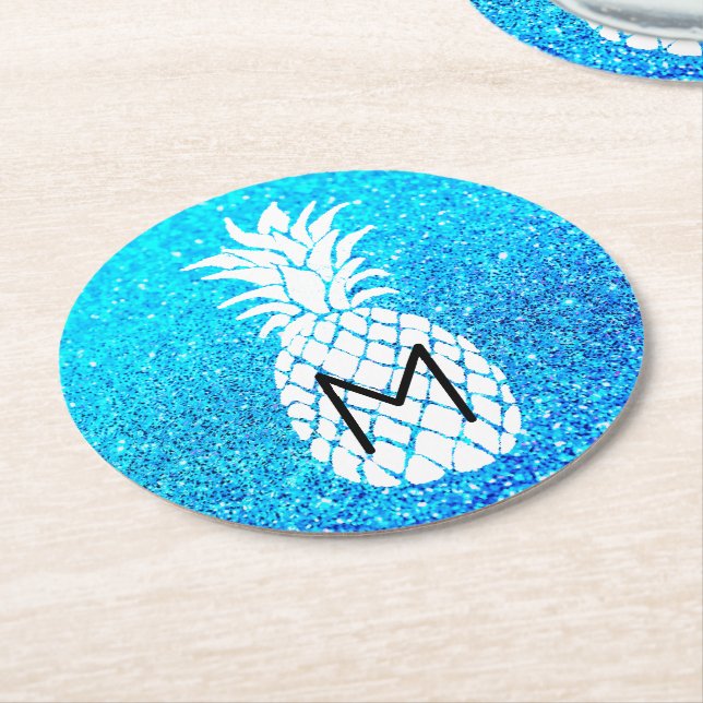 Ananas-Monogramm auf Imitat-blauer Glitzer Runder Pappuntersetzer (Angewinkelt)