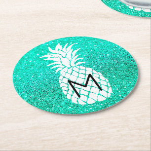 Ananas-Monogramm auf Imitaten aquamariner Glitzer Runder Pappuntersetzer