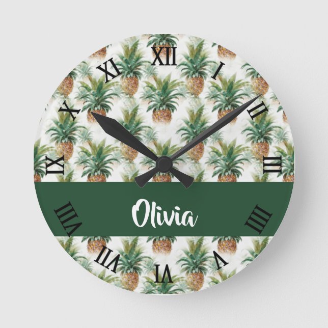 Ananas-Muster auf weiß Runde Wanduhr (Vorderseite)