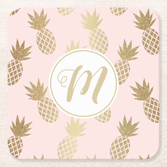 Ananas-Muster und Monogramm Rechteckiger Pappuntersetzer (Vorderseite)