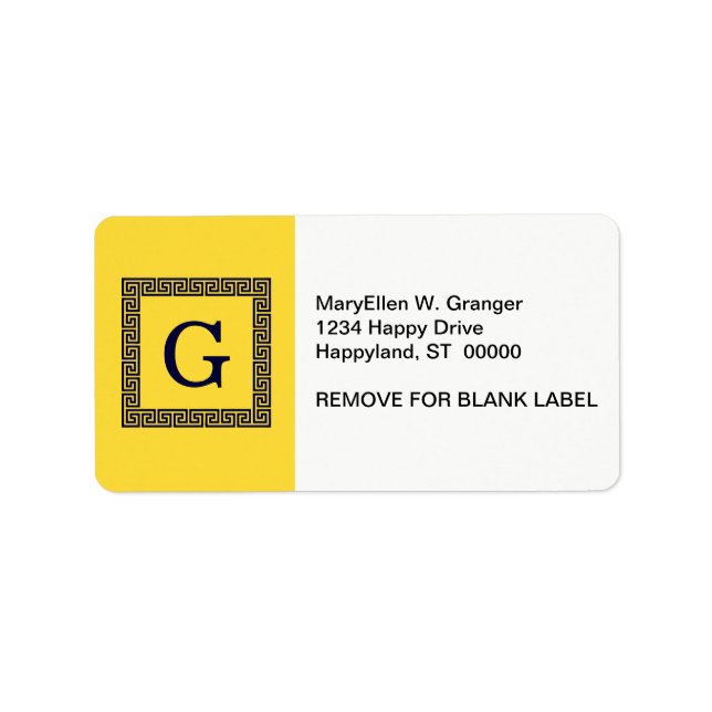 Ananas, Navy Blue Greece Key #1 Gerahmtes Monogram Adressaufkleber (Vorne)