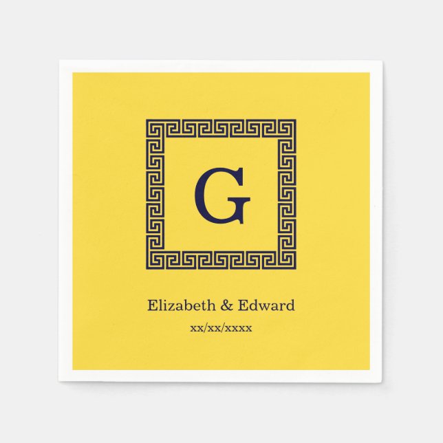 Ananas, Navy Blue Greece Key #1 Gerahmtes Monogram Serviette (Vorderseite)