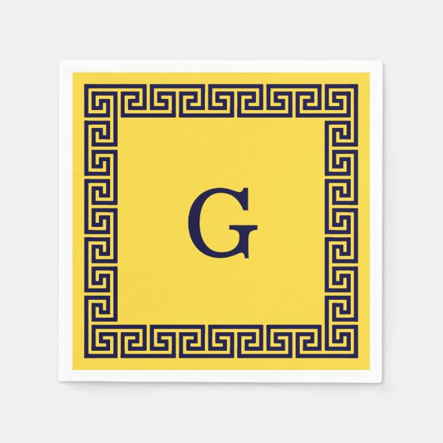 Ananas, Navy Blue Greece Key #1 Gerahmtes Monogram Serviette (Vorderseite)