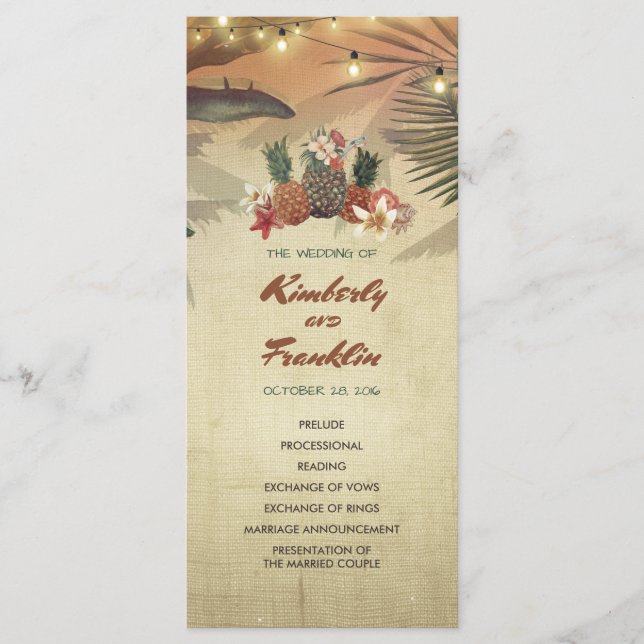 Ananas Palm String Lights Beach Wedding Programm (Vorderseite)