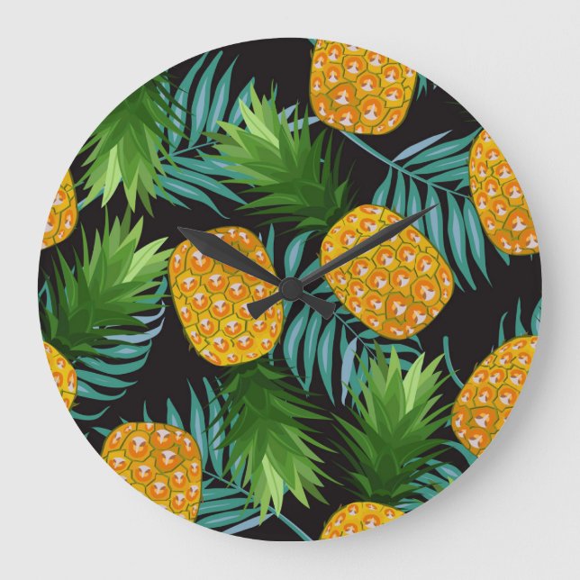 Ananas-Palmen-Schwarzes Band Große Wanduhr (Vorderseite)