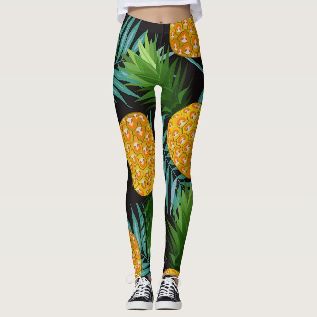 Ananas-Palmen-Schwarzes Band Leggings (Vorderseite)