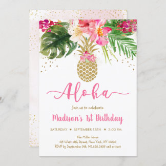Ananas Pink Gold Floral Aloha Geburtstag Einladung
