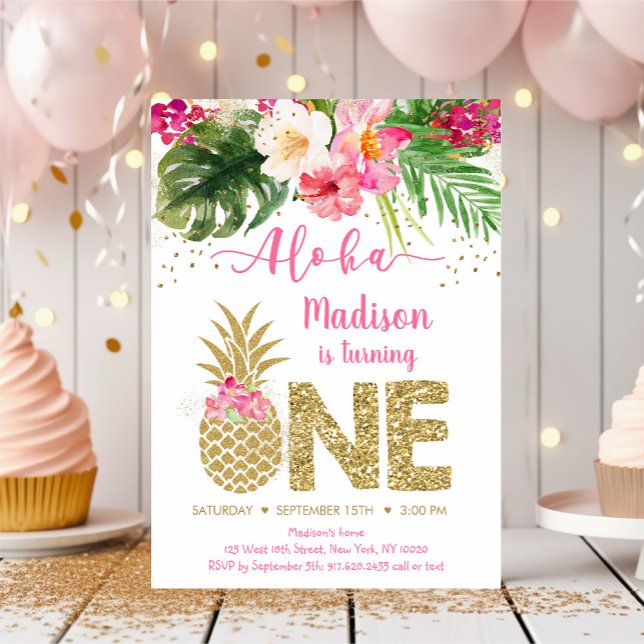 Ananas Pink Gold Floral Erster Geburtstag Einladung (Von Creator hochgeladen)