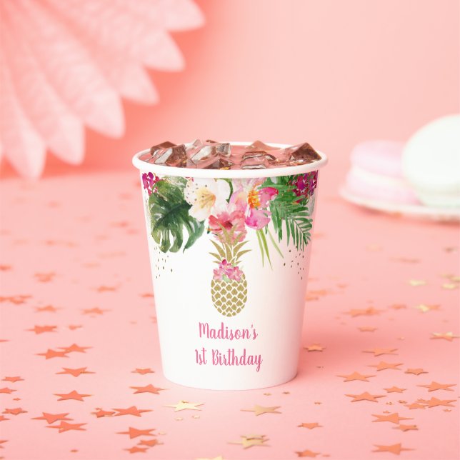 Ananas Pink Gold Floral Geburtstag Pappbecher (Insitu)