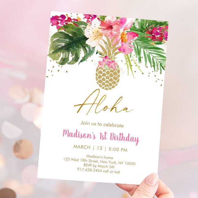 Ananas Pink Tropical Floral Geburtstag Einladung (Von Creator hochgeladen)