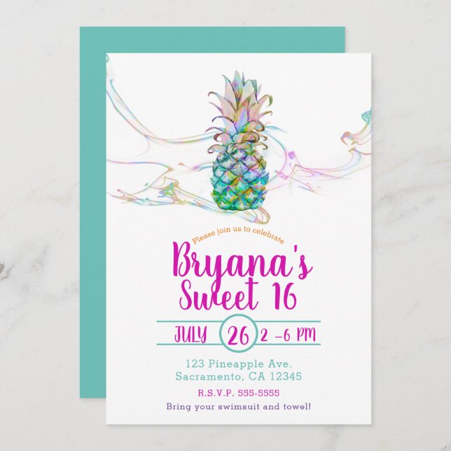 Ananas Rainbow Color Splash Sweet 16 Party Einladung (Vorne/Hinten)