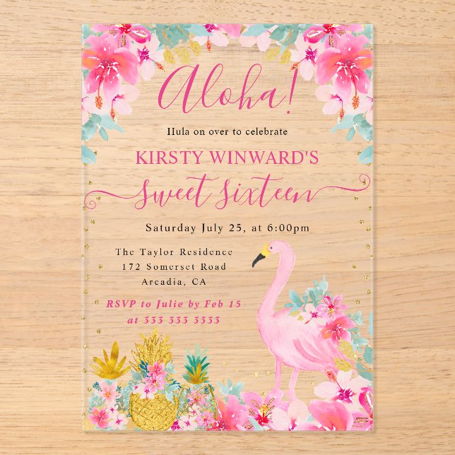 Ananas, rosa und Gold, Flamingo Sweet 16 Acryleinladungen (Vorderseite)