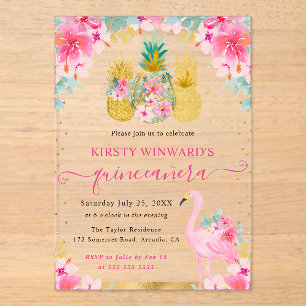Ananas, rosa und goldfarben und Flamingo Quinceane Acryleinladungen