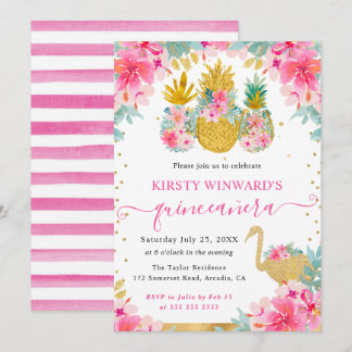 Ananas, rosa und goldfarben und Flamingo Quinceane Einladung