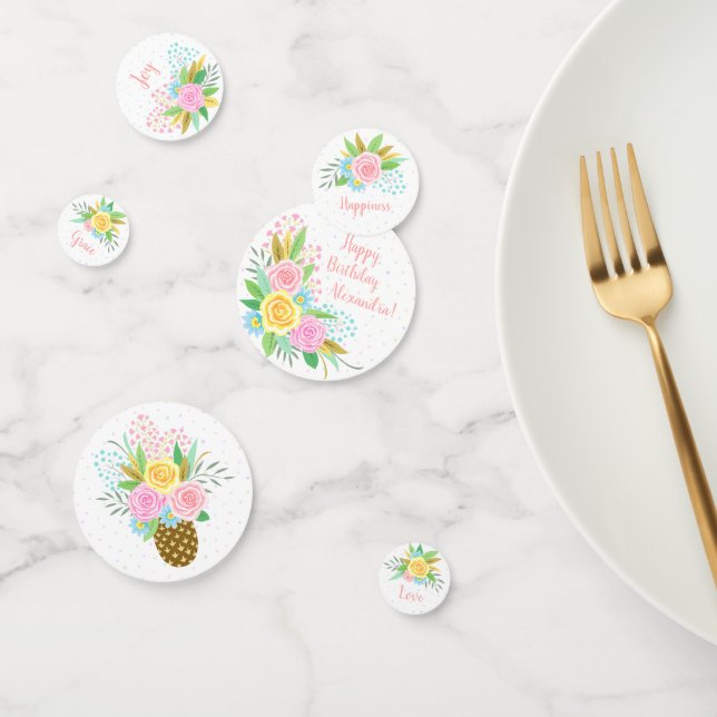 Ananas-Rose am Geburtstag Blumenrosa Türkis Konfetti (Gruppe)