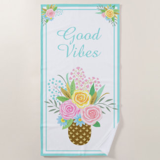 Ananas Rose Bouquet Good Vibes Pink Türkis Strandtuch