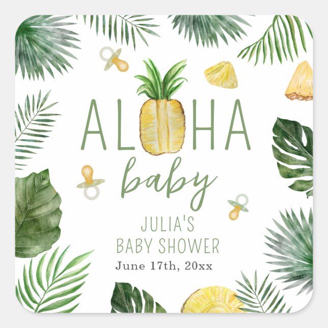 Ananas & Schnuller Aloha Baby Showroom Grün Quadratischer Aufkleber (Vorderseite)