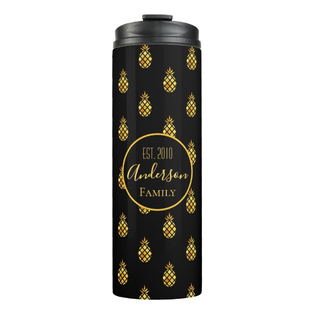 Ananas, schwarzer Goldname Thermosbecher (Vorderseite)