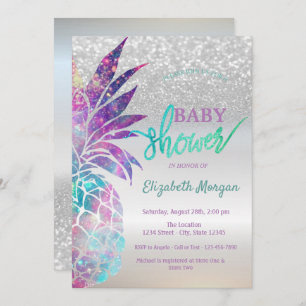 Ananas Silver Glitzer Bokeh Baby Dusche Einladung
