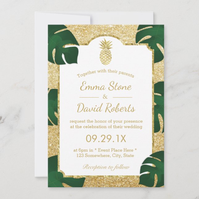 Ananas Tropical Wedding Modern Gold Glitzer Einladung (Vorderseite)