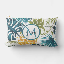 Ananas tropisch-blaues Monogramm Kissen Für Draußen
