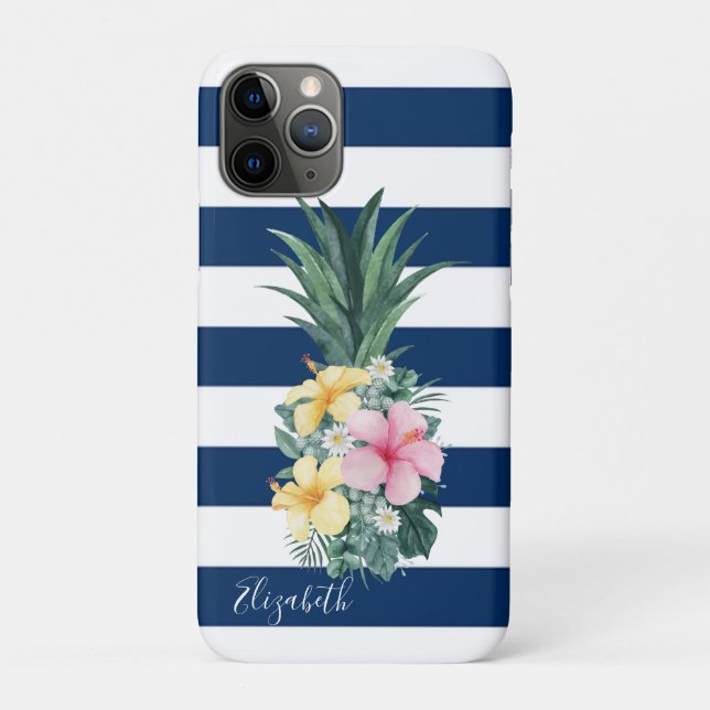 Ananas tropische Blume, Navy Blue Striped Case-Mate iPhone Hülle (Rückseite)