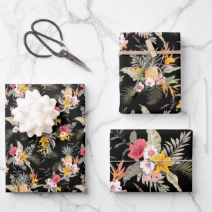 Ananas tropische Blume Schwarz Geschenkpapier Set