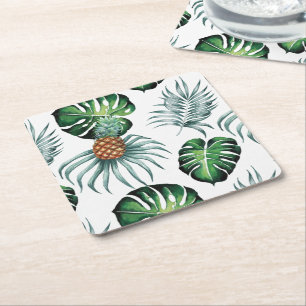 Ananas Tropisches Frucht- und Blatt-Aquarellmuster Rechteckiger Pappuntersetzer