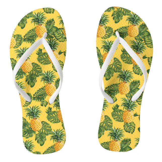 Ananas u. tropisches Blätter auf Gold Flip Flops (Fußbett)