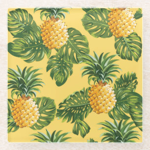 Ananas u. tropisches Blätter auf Gold Glasuntersetzer