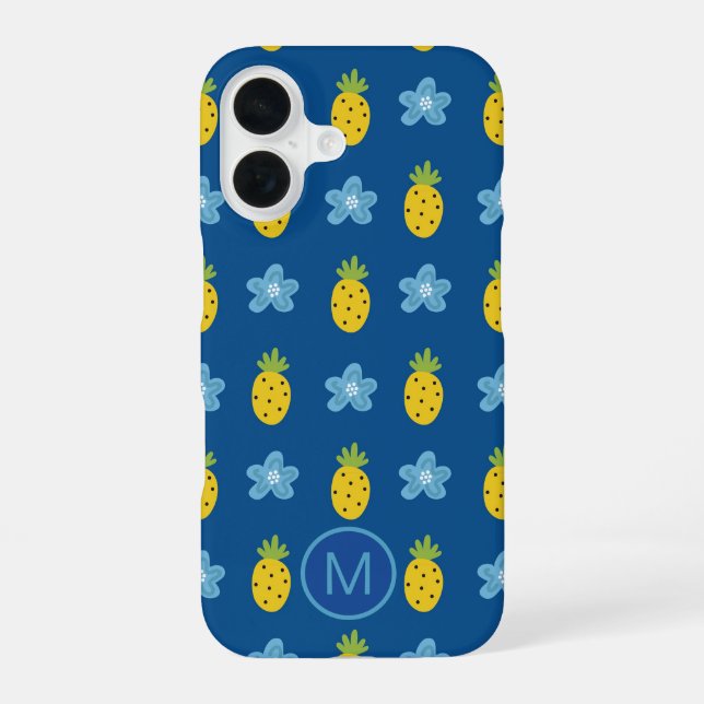 Ananas und blaue Blumen Monogramm iPhone 16 Hülle (Rückseite)