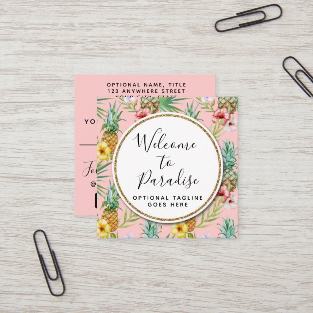 Ananas und Hibiskus Blume Wasserfarbe Tropisch Quadratische Visitenkarte
